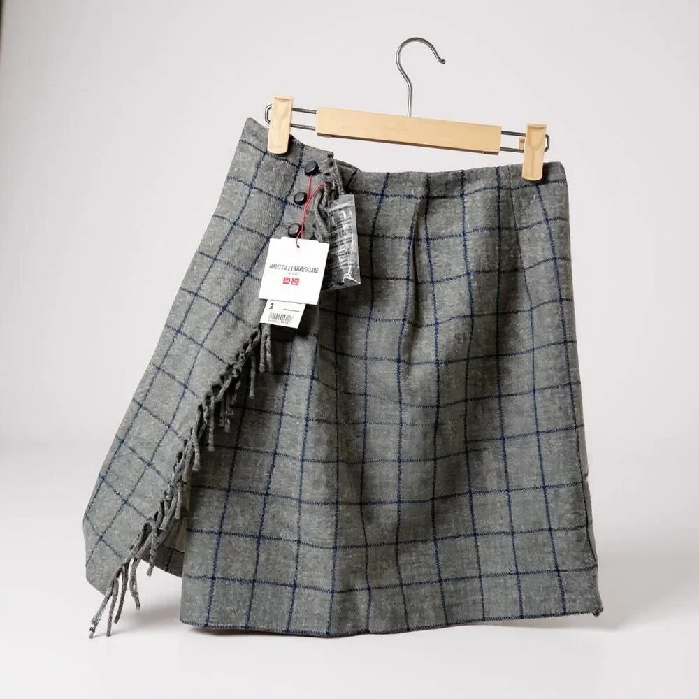Uniqlo Ines‎ De La Fressange Skirt Plaid Grey Fringe Windowpane Size 2 NWT